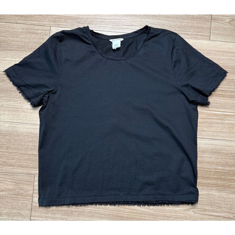 Club Monaco Silky Cotton Modal Raw Hem Boxy Tee Black Modern Minimalist M